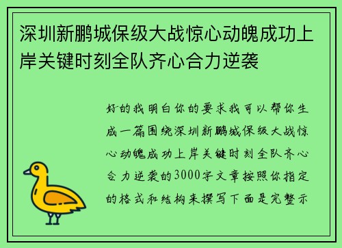 深圳新鹏城保级大战惊心动魄成功上岸关键时刻全队齐心合力逆袭 深圳新鹏城保级大战惊心动魄成功上岸关键时刻全队齐心合力逆袭