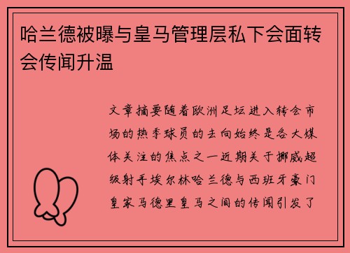 哈兰德被曝与皇马管理层私下会面转会传闻升温