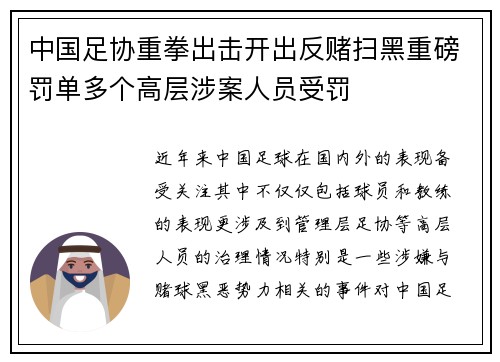 中国足协重拳出击开出反赌扫黑重磅罚单多个高层涉案人员受罚